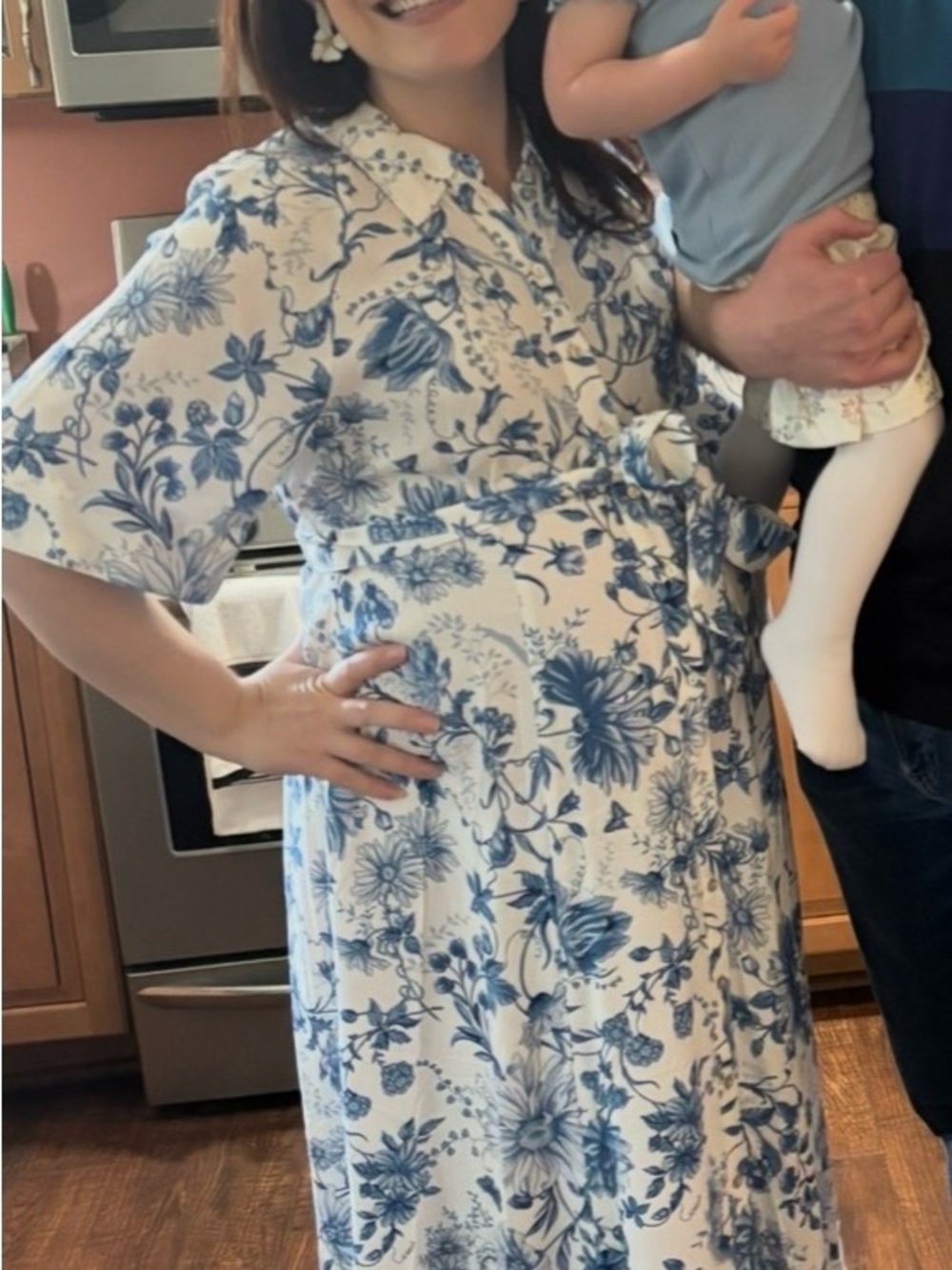 H&M MAMA White and Blue Floral Midi Dress- maternity